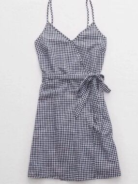 AERIE Women’s 100% Cotton Navy Blue White Gingham Tie Wrap Waist Sundress NWT S